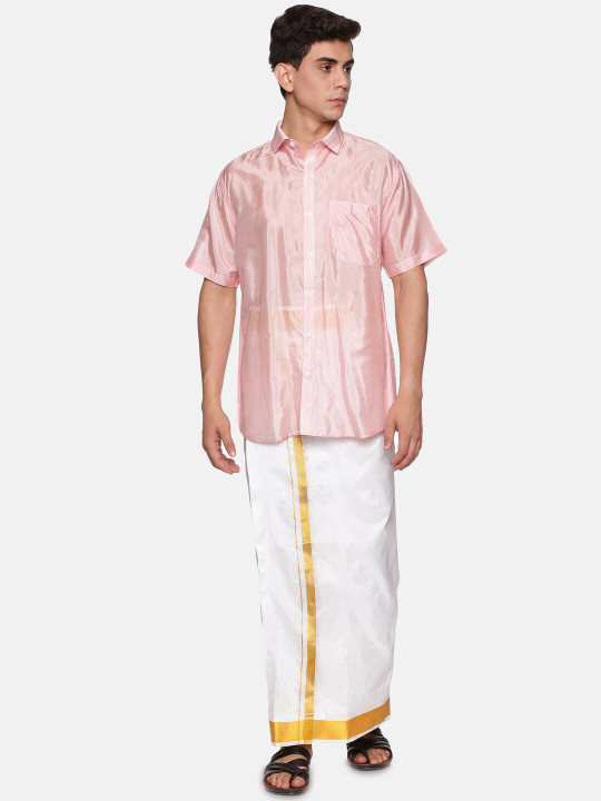 Sethukrishna Men Pink & Cream-Coloured Shirt with Dhotis