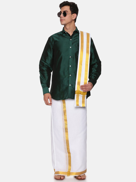 Sethukrishna Men Green & White Shirt with Dhoti Pants
