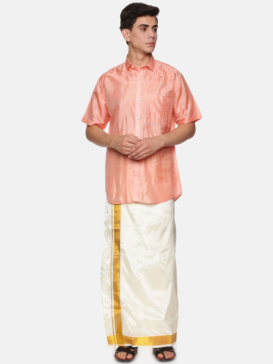 Sethukrishna Men Peach-Coloured & White Shirt with Dhoti Pants