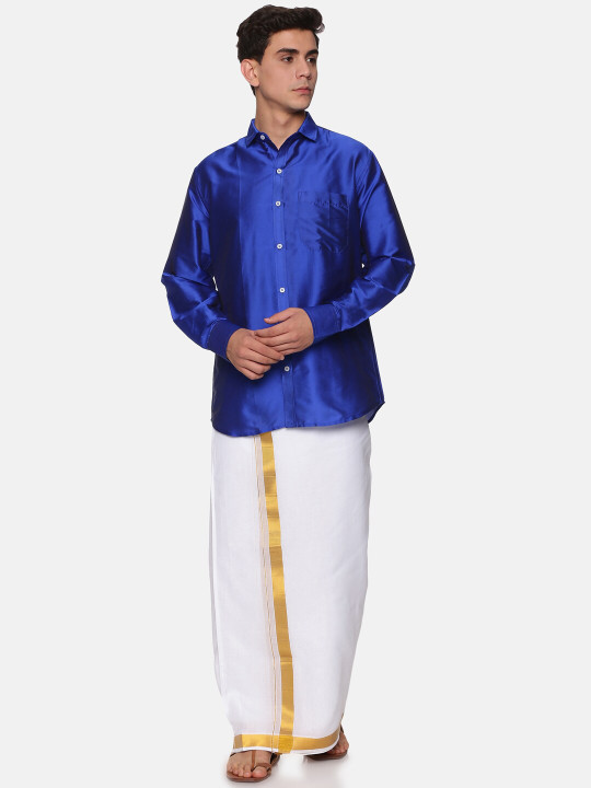 Sethukrishna Men Navy Blue & White Shirt with Dhotis