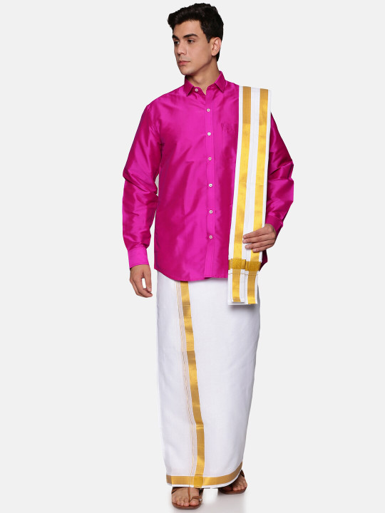 Sethukrishna Men Pink & White Shirt with Dhoti