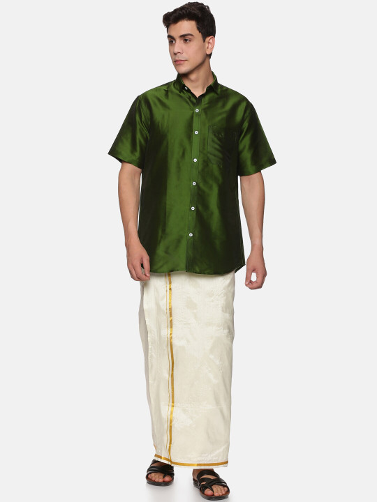 Sethukrishna Men Olive Green & White Shirt with Dhoti Pants
