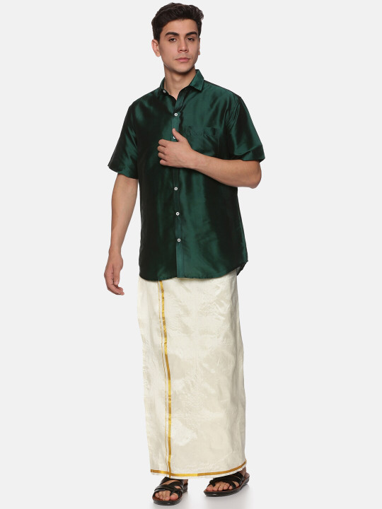 Sethukrishna Men Green & White Solid Shirt with Dhoti