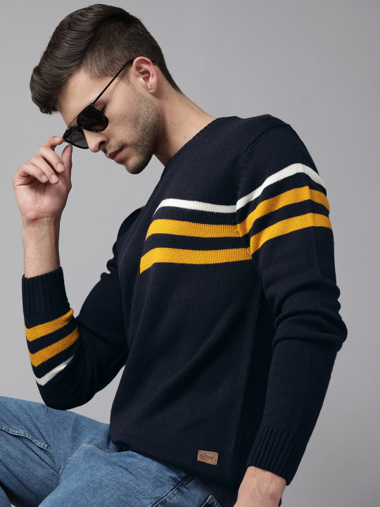 Roadster Men Navy Blue & Mustard Striped Pullover