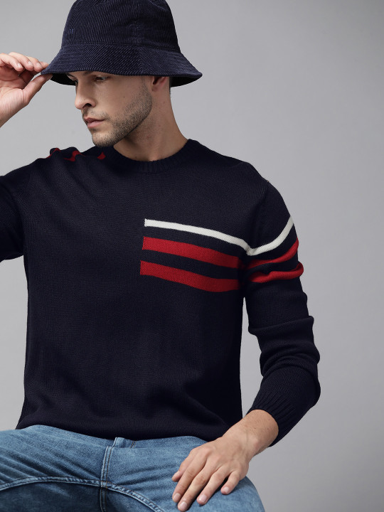 Roadster The Lifestyle Co. Men Navy Blue Stripe Detailed Pullover