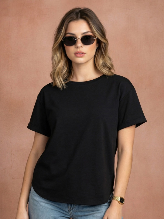 JUNEBERRY Women Black Solid Round Neck Relaxed Fit Pure Cotton Oversized T-Shirt