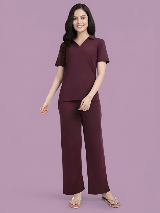 TWIN BIRDS Textured Pure Cotton T-Shirt With Trousers Co-Ords