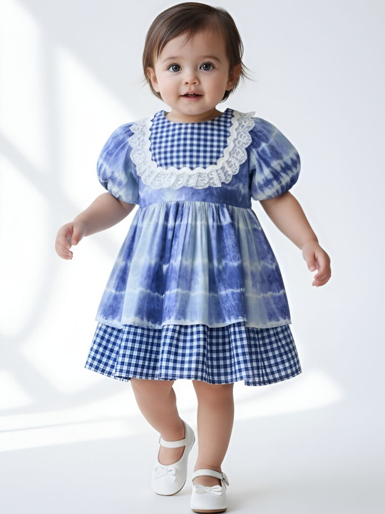 Bella Moda Girls Checked Puff Sleeve Cotton Empire Dress