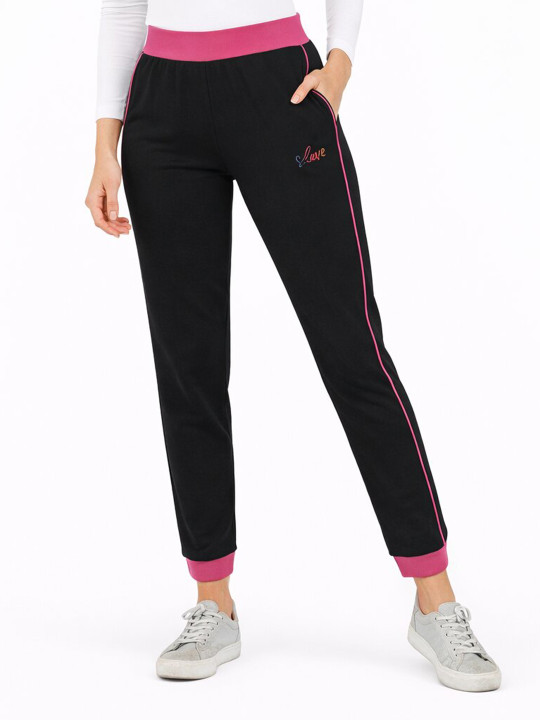 DYCA Women Black And Fuchsia Pink Solid Regular Fit Cotton Joggers
