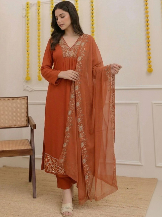 GoSriKi Women Ethnic Motifs Embroidered Regular Thread Work Kurta with Trousers & With Dupatta