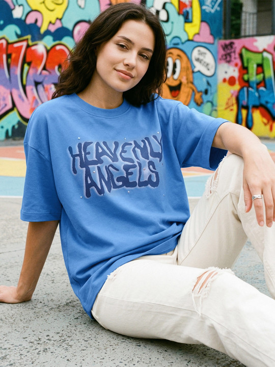 Bewakoof Heavy Duty Women's Azure Blue Heavenly Angels Typography Oversized T-shirt