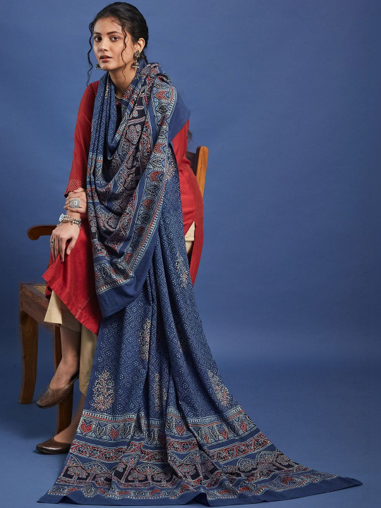 Taavi Women Ajrakh Hand Block Printed Dupatta With Traditional Motifs