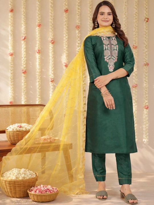 HERE&NOW Women Ethnic Motifs Embroidered Regular Thread Work Kurta with Trousers & With Dupatta