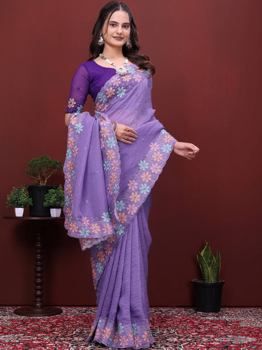 K 5 Fashion Floral Embroidered Tissue Heavy Work Chanderi Saree