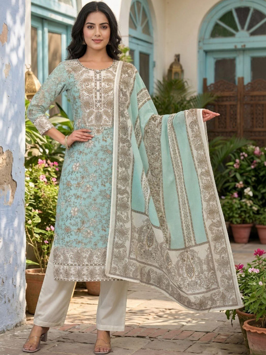 AADVIKA Women Ethnic Motifs Printed Regular Pure Cotton Kurta with Trousers & With Dupatta