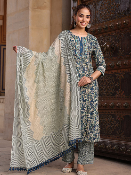 Rain & Rainbow Women Floral Printed Regular Pure Cotton Kurta with Trousers & With Dupatta