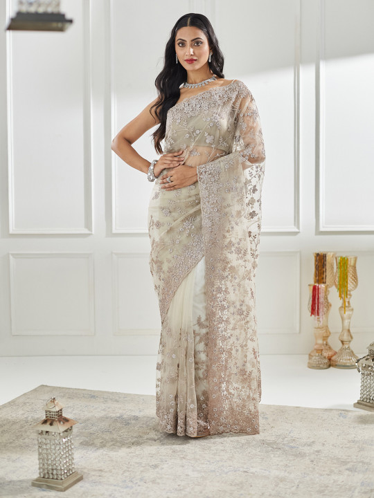 kasee Floral Embellished Beads and Stones Net Saree