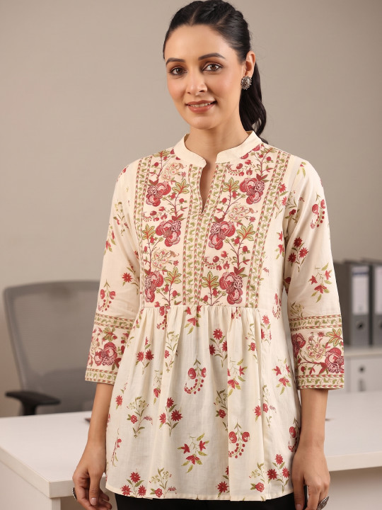 Rain & Rainbow Floral Printed Mandarin Collar Pure Cotton A-Line kurti