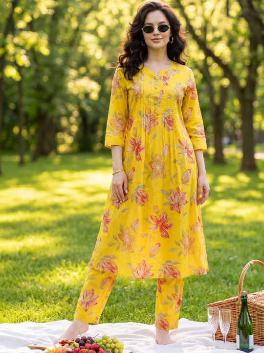 Indo Era Women Floral Printed Regular Pure Cotton Kurta with Trousers