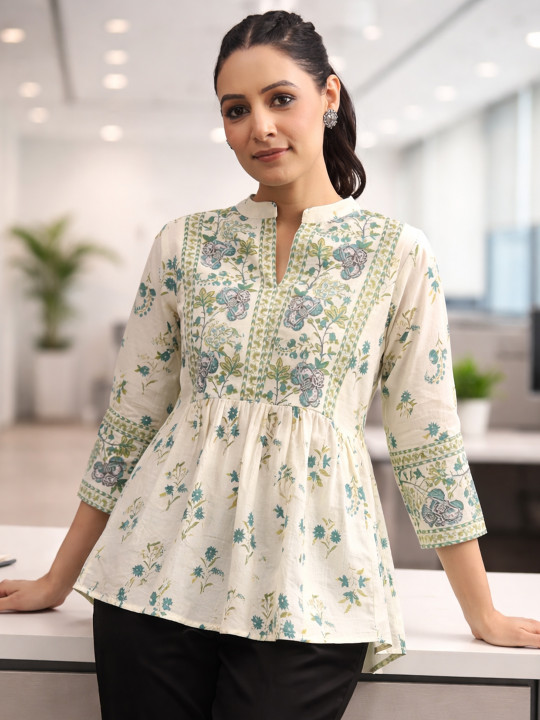 Rain & Rainbow Floral Printed Mandarin Collar Pure Cotton A-Line Republic Day Kurti