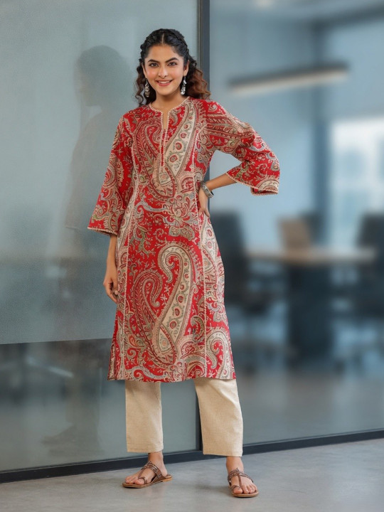 Rain & Rainbow Ethnic Motifs Printed Notched Neck Straight Pure Cotton Kurta