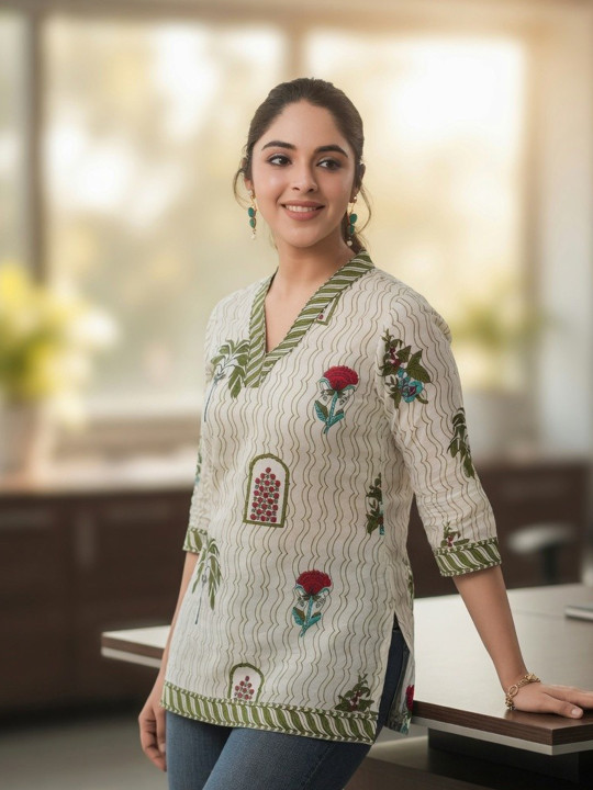 Rain & Rainbow Women's Ethnic Motifs Printed V-Neck Pure Cotton Kurti