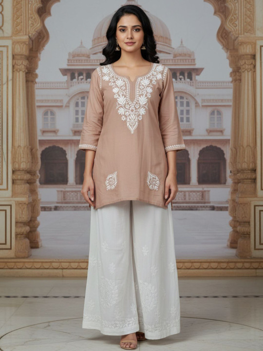 KHAKA Ethnic Motifs Embroidered V-Neck Chikankari Handloom Chikankari Kurti