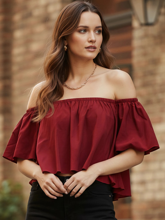 Berrylush Maroon Ruffled Bardot Top