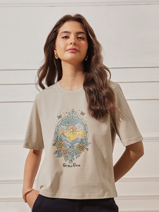 Espresso Graphic Printed Round Neck Pure Cotton Relaxed Fit T-shirt