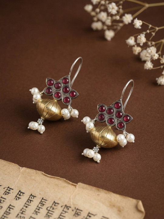 AITIHYA Gold Plated Faux Ruby Stone & Beads Contemporary Drop Earrings