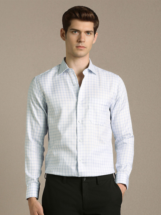 Louis Philippe Men Classic Spread Collar Micro Checked Cotton Formal Shirt