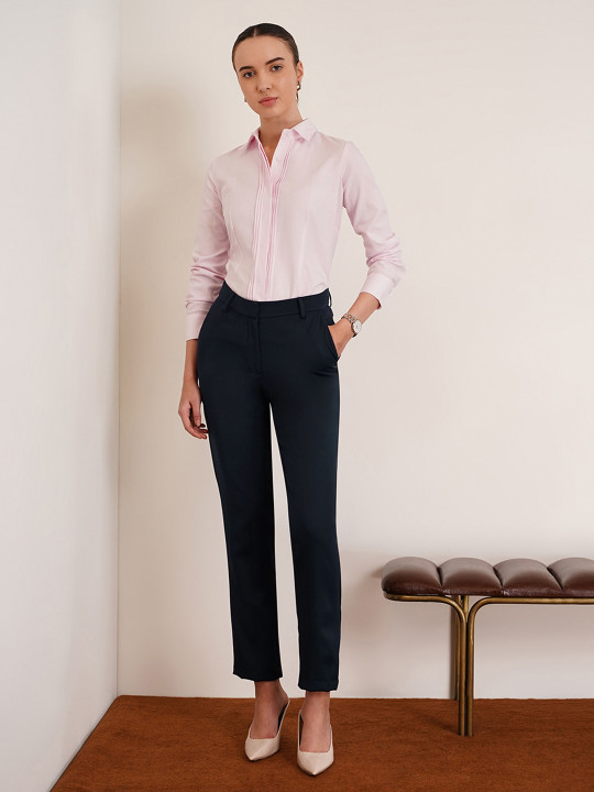 FABLE STREET Women Straight Navy Blue Fit Trousers