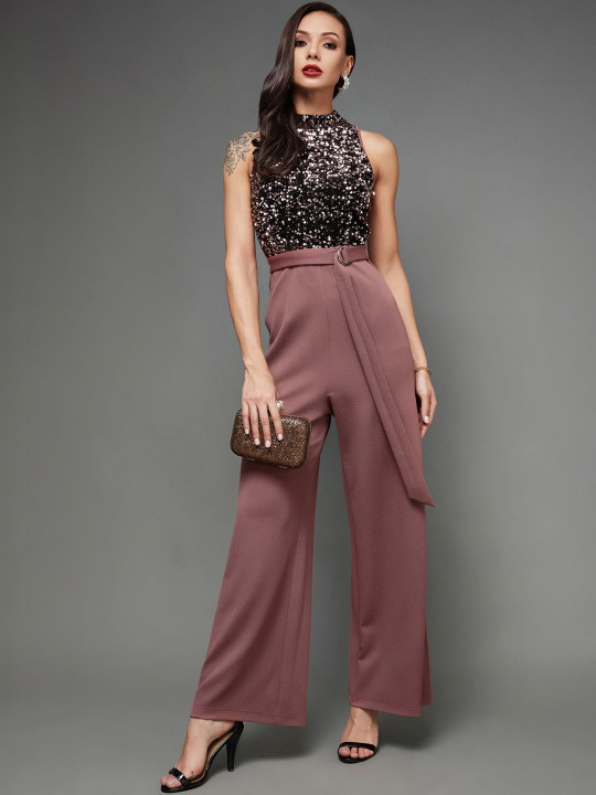Miss Chase Women Mauve Sleeveless Embellished Halter Neck Regular Jumpsuit