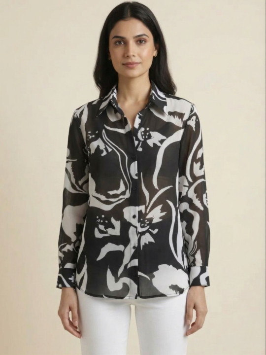 SYLORA Women Premium Floral Semi Sheer Knitted Shirt