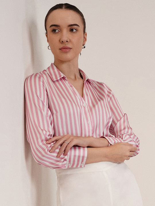 FABLE STREET Comfort Fit Vertical Striped High-Low Hem Satin Casual Shirt