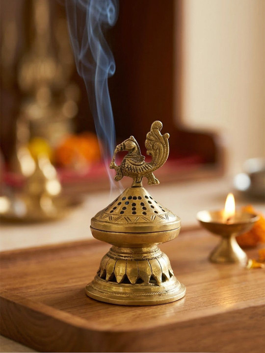 ExclusiveLane 'Elegant Peacock' Dhoop Dani Brass Incense Burner