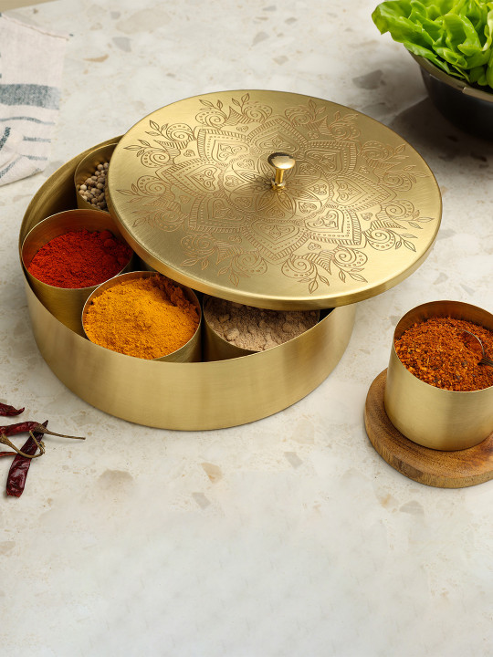 dudki Gold-Toned Mandala Artwork Design Brass Dishwasher Safe 7 container Spice Box