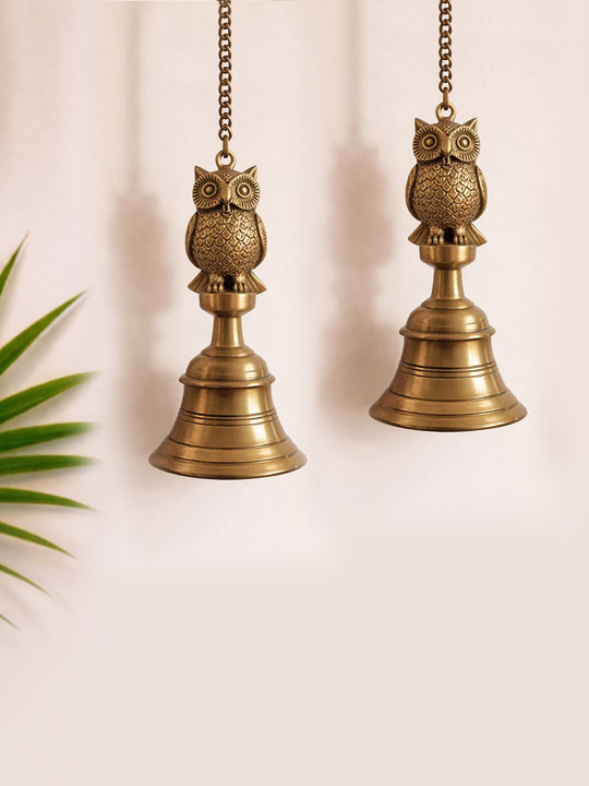 ExclusiveLane Set Of 2 Yellow Hand Etched Royal Owl Hanging Pooja Bell