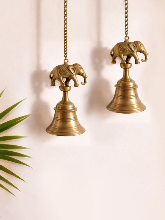 ExclusiveLane Set Of 2 Yellow Hand Etched Majestic Elephant Hanging Pooja Bell