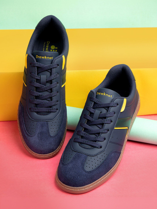DREWKNOT Men Colourblocked Striped Leather Casual Comfortable Lace-Up Sneakers