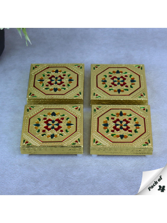 NAVRANG Red & Green Meenakari Artwork Wooden 4-Pcs Chowkies