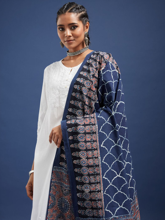 Taavi Ajrakh Ethnic Motif Hand Block Printed Pure Cotton Dupatta