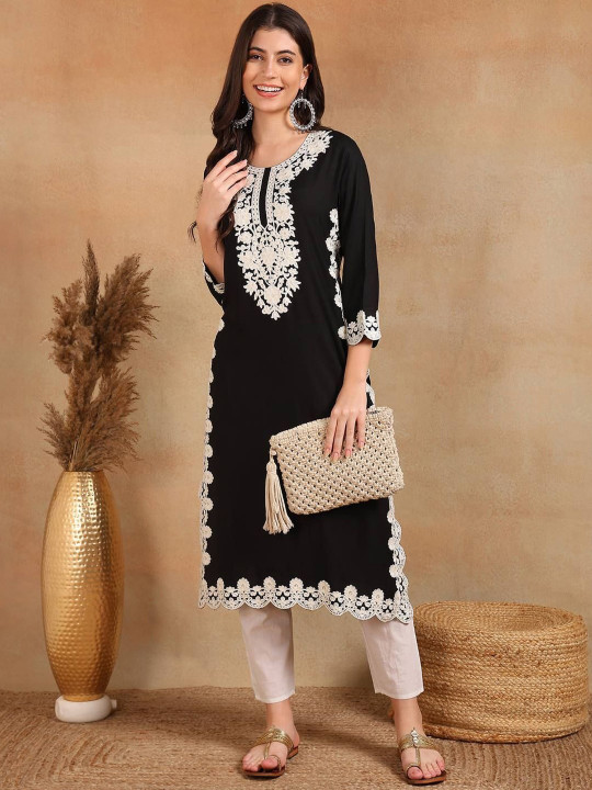 KALINI Floral Embroidered Round Neck Chikankari Straight Kurta