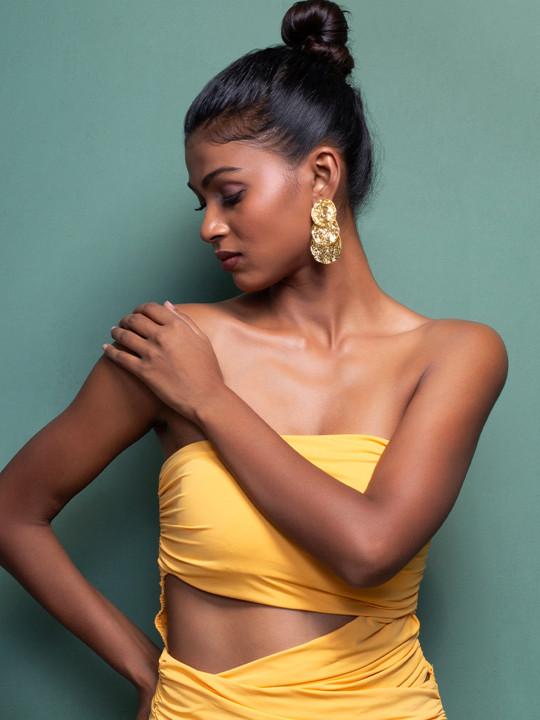 MINJI AND CO. Hammered Gold-Plated Triple Disc Circular Drop Earrings
