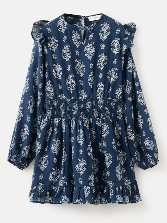 Mango Kids Girls Floral Printed Smocked Puff Sleeve Fit & Flare Dress