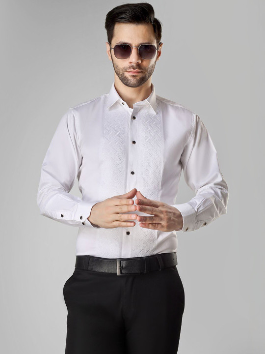DESIGN UP Men Premium Slim Fit Pintucks Cotton Sartin Tuxedo Party Shirt