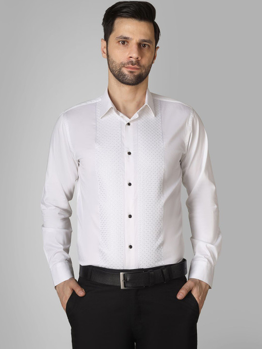 DESIGN UP Men Premium Slim Fit Pintucks Cotton Sartin Tuxedo Party Shirt