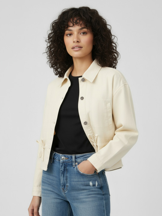 Drop-Shoulder Denim Jacket with Waist Tie-Ups