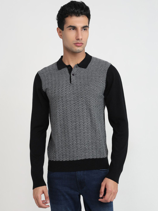 Raymond Self Design Woollen Shirt Collar Ribbed Pullover