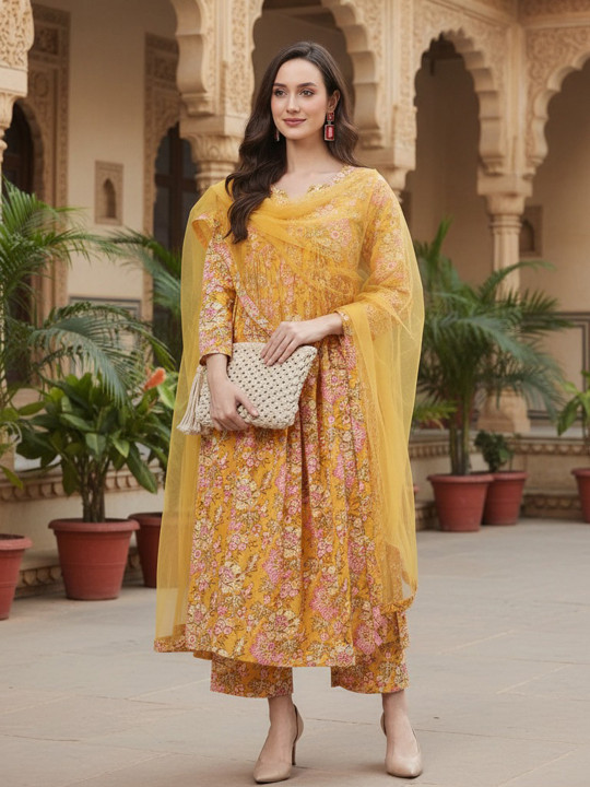 AHIKA Women Yellow Floral Printed Kurta with Palazzos & Dupatta